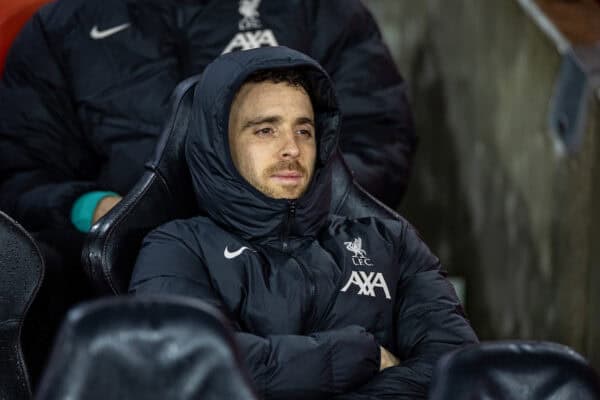 SOUTHAMPTON, ENGLAND - Tuesday, December 17, 2024: Liverpool's substitute Diogo Jota on the bench before the Football League Cup Quarter-Final match between Southampton FC and Liverpool FC at St Mary's Stadium. (Photo by David Rawcliffe/Propaganda)