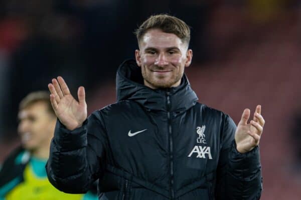 SOUTHAMPTON, ENGLAND - Tuesday, December 17, 2024: Liverpool's Alexis Mac Allister celebrates after the Football League Cup Quarter-Final match between Southampton FC and Liverpool FC at St Mary's Stadium. (Photo by David Rawcliffe/Propaganda)