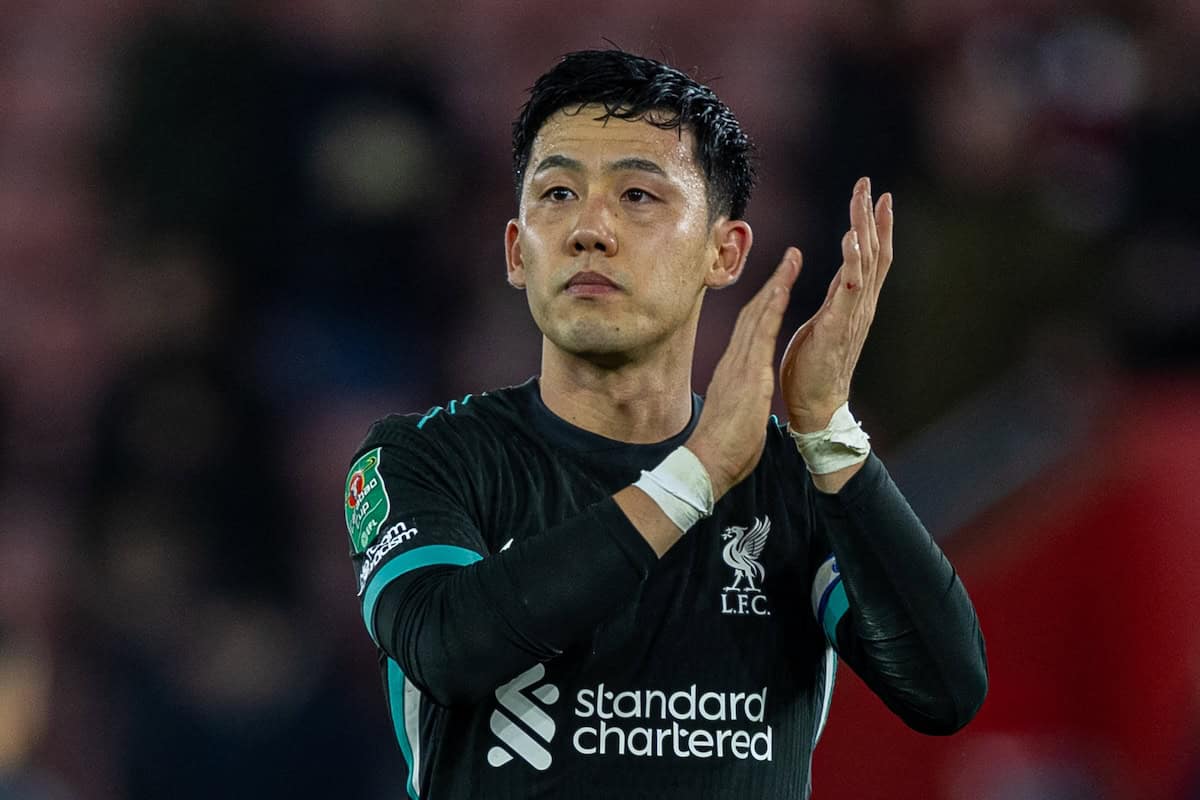 SOUTHAMPTON, ENGLAND - Tuesday, December 17, 2024: Liverpool's Wataru Endo applauds the supporters after the Football League Cup Quarter-Final match between Southampton FC and Liverpool FC at St Mary's Stadium. (Photo by David Rawcliffe/Propaganda)