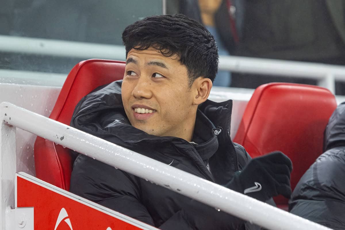 LIVERPOOL, ENGLAND - Boxing Day, Thursday, December 26, 2024: Liverpool's substitute Wataru End? before the FA Premier League match between Liverpool FC and Leicester City FC at Anfield. Liverpool won 3-1. (Photo by David Rawcliffe/Propaganda)