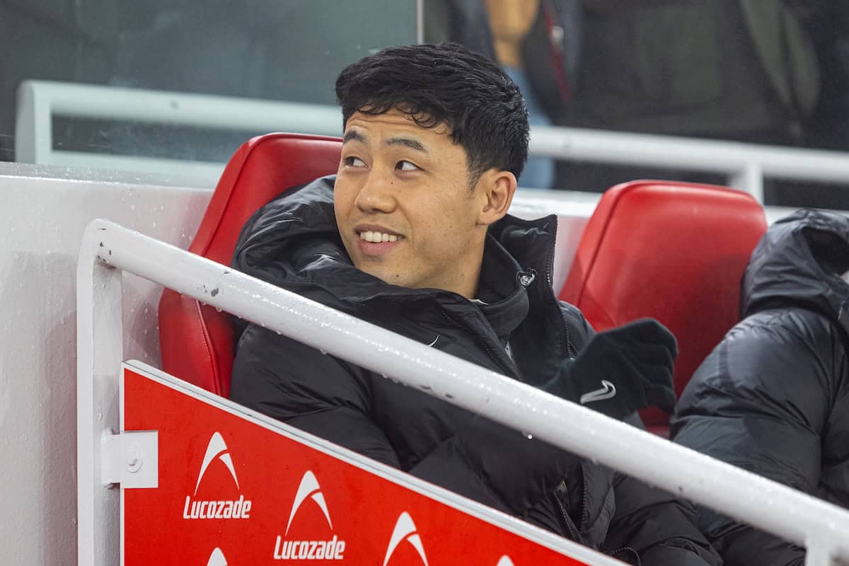 LIVERPOOL, ENGLAND - Boxing Day, Thursday, December 26, 2024: Liverpool's substitute Wataru End? before the FA Premier League match between Liverpool FC and Leicester City FC at Anfield. Liverpool won 3-1. (Photo by David Rawcliffe/Propaganda)