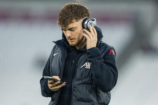 LONDON, ENGLAND - Sunday, December 29, 2024: Liverpool's Harvey Elliott before the FA Premier League match between West Ham United FC and Liverpool FC at the London Stadium. Liverpool won 5-0. (Photo by David Rawcliffe/Propaganda)