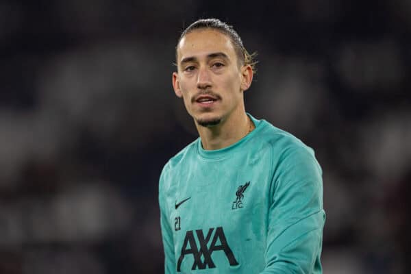 LONDON, ENGLAND - Sunday, December 29, 2024: Liverpool's Kostas Tsimikas during the pre-match warm-up before the FA Premier League match between West Ham United FC and Liverpool FC at the London Stadium. Liverpool won 5-0. (Photo by David Rawcliffe/Propaganda)