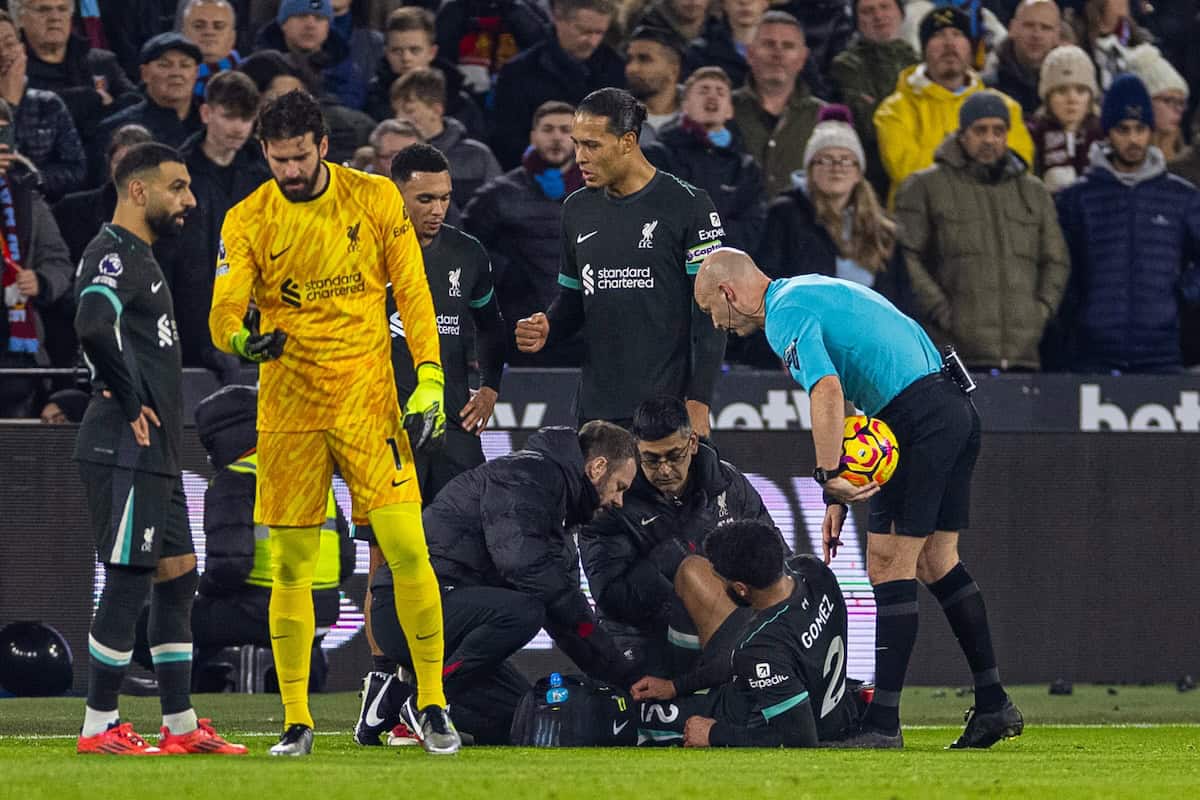 LONDON, ENGLAND - Sunday, December 29, 2024: Liverpool's Joe Gomez is treated for an injury during the FA Premier League match between West Ham United FC and Liverpool FC at the London Stadium. Liverpool won 5-0. (Photo by David Rawcliffe/Propaganda)