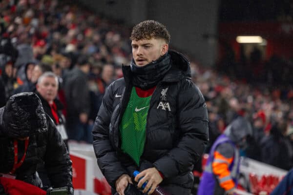 LIVERPOOL, ENGLAND - Sunday, January 5, 2025: Liverpool's substitute Harvey Elliott before the FA Premier League match between Liverpool FC and Manchester United FC at Anfield. The game ended in a 2-2 draw. (Photo by David Rawcliffe/Propaganda)