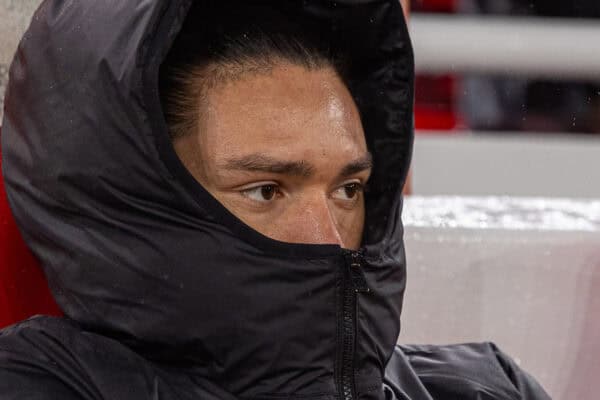 LIVERPOOL, ENGLAND - Sunday, January 5, 2025: Liverpool's substitute Darwin Núñez on the bench before the FA Premier League match between Liverpool FC and Manchester United FC at Anfield. The game ended in a 2-2 draw. (Photo by David Rawcliffe/Propaganda)