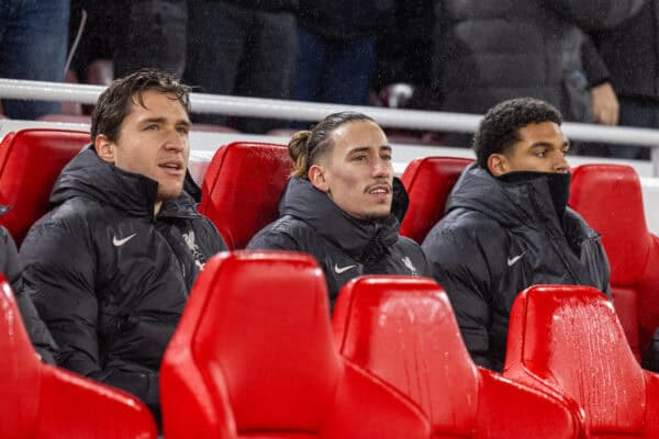 LIVERPOOL, ENGLAND - Sunday, January 5, 2025: Liverpool substitutes Federico Chiesa, Kostas Tsimikas and Jarell Quansah on the bench before the FA Premier League match between Liverpool FC and Manchester United FC at Anfield. The game ended in a 2-2 draw. (Photo by David Rawcliffe/Propaganda)