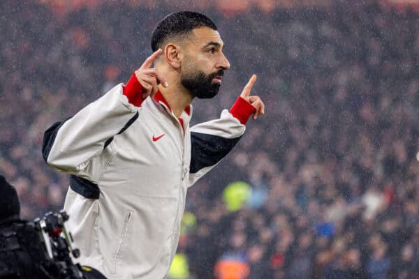 LIVERPOOL, ENGLAND - Sunday, January 5, 2025: Liverpool's Mohamed Salah walks out before the FA Premier League match between Liverpool FC and Manchester United FC at Anfield. The game ended in a 2-2 draw. (Photo by David Rawcliffe/Propaganda)