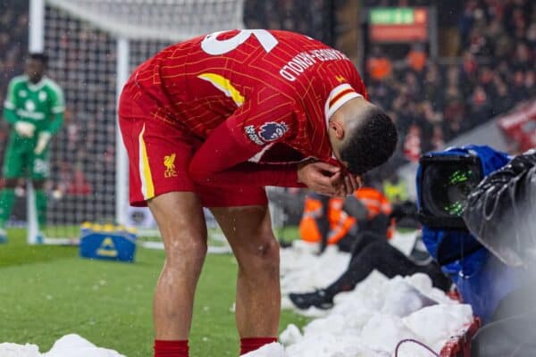 LIVERPOOL, ENGLAND - Sunday, January 5, 2025: Liverpool's Trent Alexander-Arnold crashes into the advertising boards over a mound of snow during the FA Premier League match between Liverpool FC and Manchester United FC at Anfield. The game ended in a 2-2 draw. (Photo by David Rawcliffe/Propaganda)