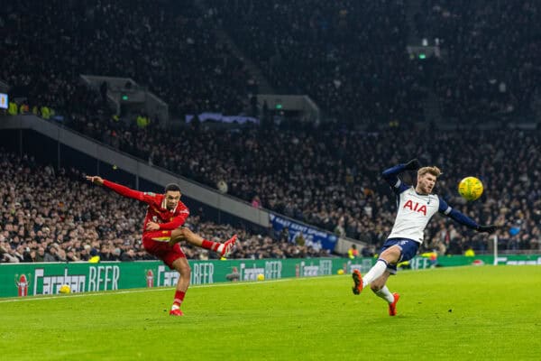 LONDON, ENGLAND - Wednesday, January 8, 2025: Liverpool's Trent Alexander-Arnold crosses the ball during the Football League Cup Semi-Final 1st Leg match between Tottenham Hotspur FC and Liverpool FC at the Tottenham Hotspur Stadium. Tottenham won 1-0. (Photo by David Rawcliffe/Propaganda)