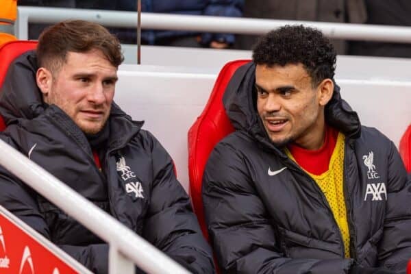 Alexis Mac Allister and Luis Diaz, subs bench (Photo by David Rawcliffe/Propaganda)