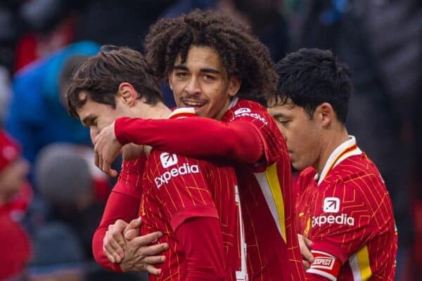 LIVERPOOL, ENGLAND - Saturday, January 11, 2025: Liverpool's Jayden Danns celebrates after scoring the third goal during the FA Cup 3rd Round match between Liverpool FC and Accrington Stanley FC at Anfield. Liverpool won 4-0. (Photo by David Rawcliffe/Propaganda)