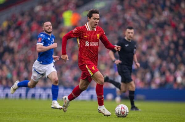 LIVERPOOL, ENGLAND - Saturday, January 11, 2025: Liverpool's Federico Chiesa during the FA Cup 3rd Round match between Liverpool FC and Accrington Stanley FC at  Anfield. Liverpool won 4-0. (Photo by David Rawcliffe/Propaganda)