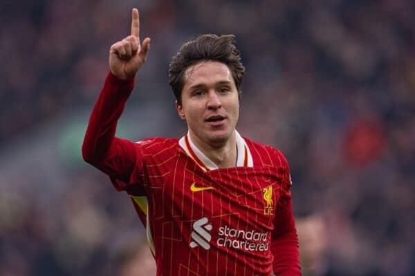 LIVERPOOL, ENGLAND - Saturday, January 11, 2025: Liverpool's Federico Chiesa celebrates after scoring the fourth goal during the FA Cup 3rd Round match between Liverpool FC and Accrington Stanley FC at Anfield. Liverpool won 4-0. (Photo by David Rawcliffe/Propaganda)