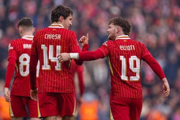 LIVERPOOL, ENGLAND - Saturday, January 11, 2025: Liverpool's Federico Chiesa (L) celebrates with team-mate Harvey Elliott after scoring the fourth goal during the FA Cup 3rd Round match between Liverpool FC and Accrington Stanley FC at Anfield. Liverpool won 4-0. (Photo by David Rawcliffe/Propaganda)