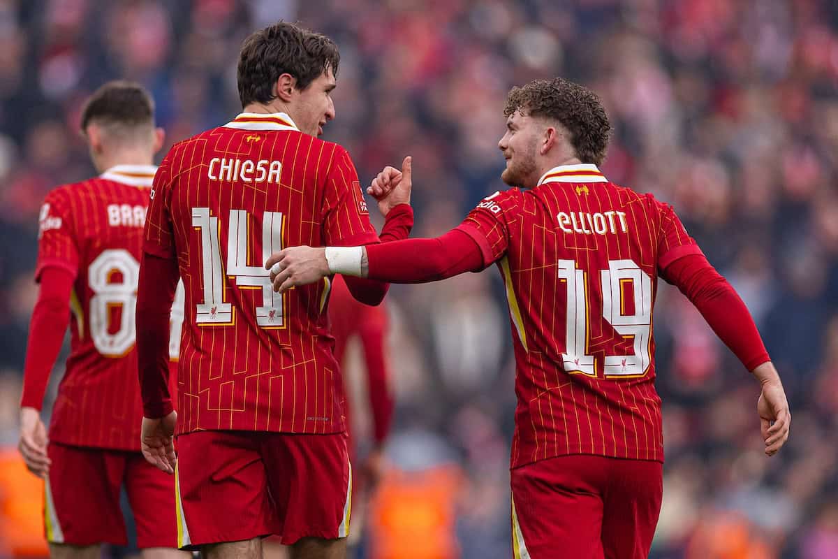  Liverpool's Federico Chiesa (L) celebrates with team-mate Harvey Elliott after scoring the fourth goal during the FA Cup 3rd Round match between Liverpool FC and Accrington Stanley FC at Anfield. Liverpool won 4-0. (Photo by David Rawcliffe/Propaganda)