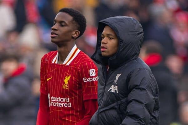 LIVERPOOL, ENGLAND - Saturday, January 11, 2025: Liverpool's Trey Nyoni (L) and Rio Ngumoha during the FA Cup 3rd Round match between Liverpool FC and Accrington Stanley FC at Anfield. Liverpool won 4-0. (Photo by David Rawcliffe/Propaganda)