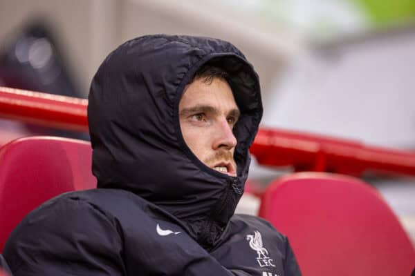 LONDON, ENGLAND - Saturday, January 18, 2025: Liverpool's substitute Andy Robertson on the bench before the FA Premier League match between Brentford FC and Liverpool FC at the Brentford Community Stadium. Liverpool won 2-0. (Photo by David Rawcliffe/Propaganda)