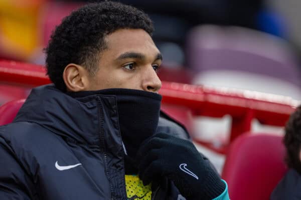 LONDON, ENGLAND - Saturday, January 18, 2025: Liverpool's substitute Jarell Quansah on the bench before the FA Premier League match between Brentford FC and Liverpool FC at the Brentford Community Stadium. Liverpool won 2-0. (Photo by David Rawcliffe/Propaganda)