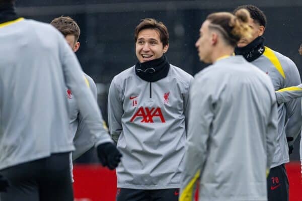 LIVERPOOL, ENGLAND - Monday, January 20, 2025: Liverpool's Federico Chiesa during a training session at the AXA Training Centre ahead of the UEFA Champions League match between Liverpool FC and LOSC Lille. (Photo by David Rawcliffe/Propaganda)