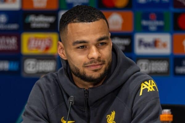 EINDHOVEN, NETHERLANDS - Tuesday, January 28, 2025: Liverpool's Cody Gakpo during a press conference at Philips Stadium ahead of the UEFA Champions League Matchday 8 game between PSV Eindhoven and Liverpool FC. (Photo by David Rawcliffe/Propaganda)