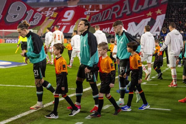 EINDHOVEN, NETHERLANDS - Wednesday, January 29, 2025: Liverpool's Kostas Tsimikas, Federico Chiesa, Conor Bradley walk out before the UEFA Champions League Matchday 8 game between PSV Eindhoven and Liverpool FC at the Philips Stadion. (Photo by David Rawcliffe/Propaganda)