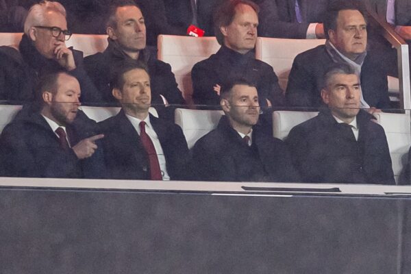 EINDHOVEN, NETHERLANDS - Wednesday, January 29, 2025: Liverpool directors and staff including Michael Edwards, Richard Hughes and David Woodfine look on during the UEFA Champions League Matchday 8 game between PSV Eindhoven and Liverpool FC at the Philips Stadion. (Photo by David Rawcliffe/Propaganda)