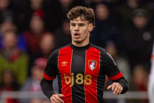 BOURNEMOUTH, ENGLAND - Saturday, February 1, 2025: AFC Bournemouth's Milos Kerkez during the FA Premier League match between AFC Bournemouth and Liverpool FC at Dean Court. Liverpool won 2-0. (Photo by David Rawcliffe/Propaganda)