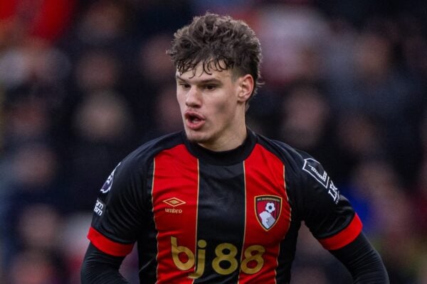 BOURNEMOUTH, ENGLAND - Saturday, February 1, 2025: AFC Bournemouth's Milos Kerkez during the FA Premier League match between AFC Bournemouth and Liverpool FC at Dean Court. Liverpool won 2-0. (Photo by David Rawcliffe/Propaganda)