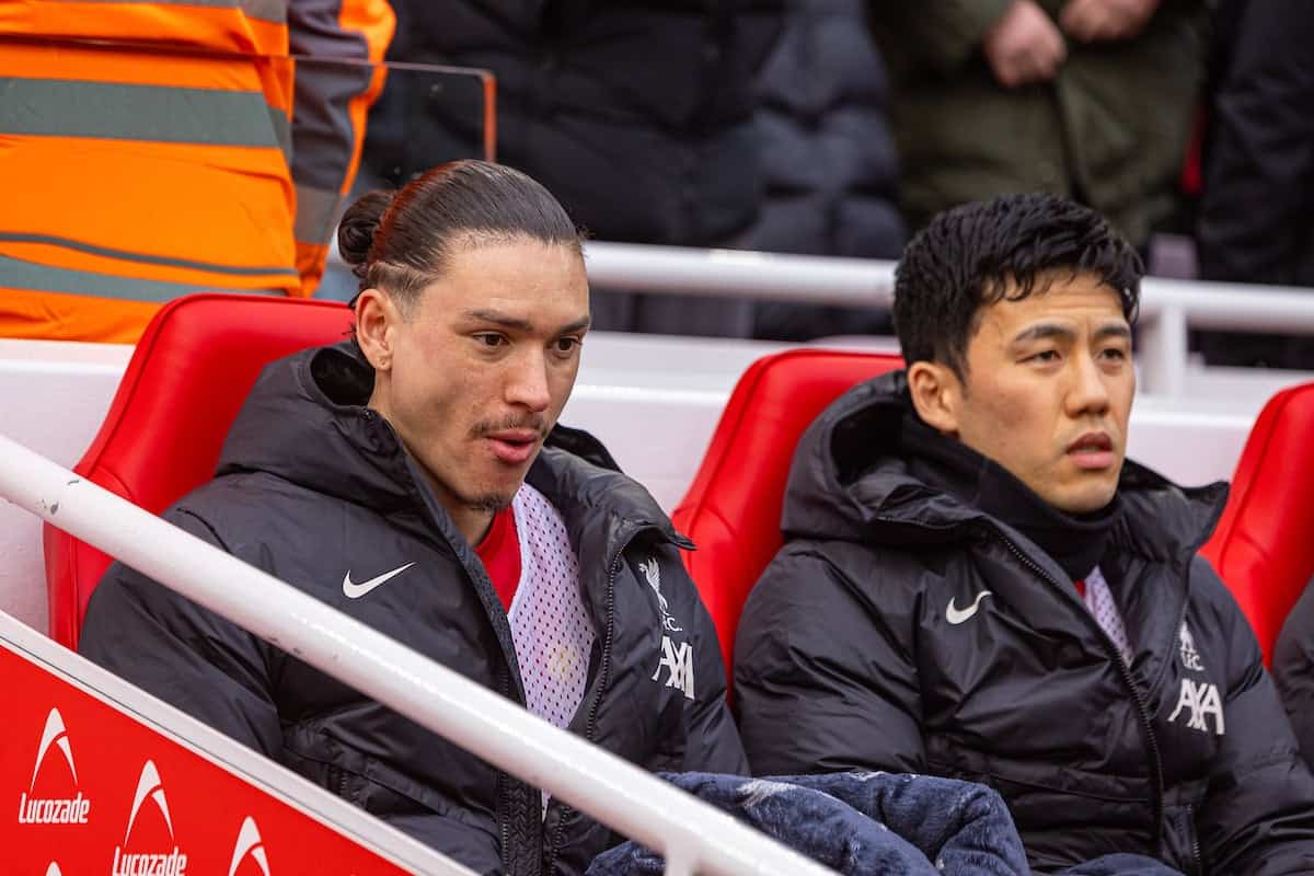 LIVERPOOL, ENGLAND - Sunday, February 16, 2025: Liverpool's substitutes Darwin Núñez (L) and Wataru Endo during the FA Premier League match between Liverpool FC and Wolverhampton Wanderers FC at Anfield. Liverpool won 2-1. (Photo by David Rawcliffe/Propaganda)