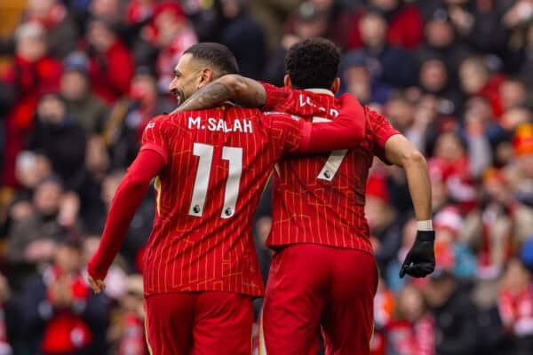 LIVERPOOL, ENGLAND - Sunday, February 16, 2025: Liverpool's Luis Díaz (R) celebrates with team-mate Mohamed Salah after scoring the first goal during the FA Premier League match between Liverpool FC and Wolverhampton Wanderers FC at Anfield. Liverpool won 2-1. (Photo by David Rawcliffe/Propaganda)