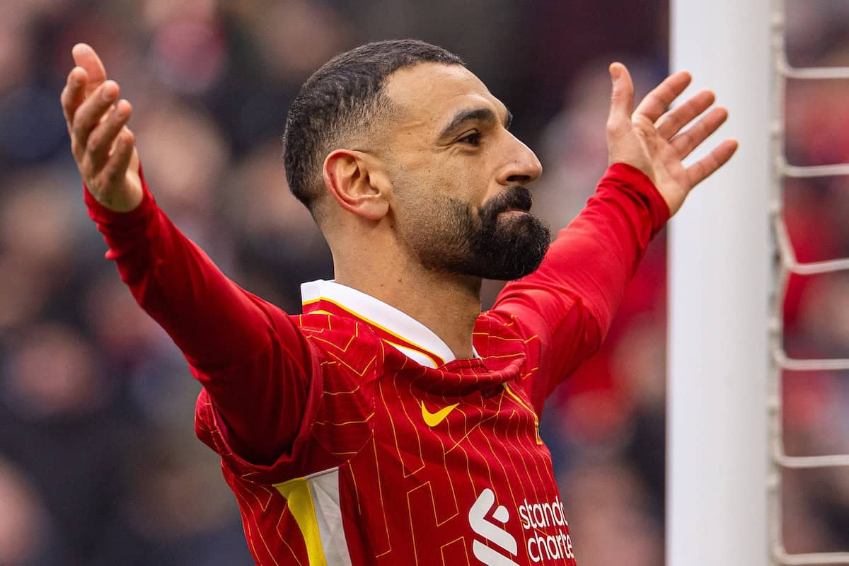 LIVERPOOL, ENGLAND - Sunday, February 16, 2025: Liverpool's Mohamed Salah celebrates after scoring the second goal during the FA Premier League match between Liverpool FC and Wolverhampton Wanderers FC at Anfield. Liverpool won 2-1. (Photo by David Rawcliffe/Propaganda)