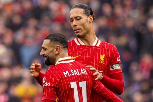 LIVERPOOL, ENGLAND - Sunday, February 16, 2025: Liverpool's Mohamed Salah celebrates with team-mate captain Virgil van Dijk (R) after scoring the second goal during the FA Premier League match between Liverpool FC and Wolverhampton Wanderers FC at Anfield. Liverpool won 2-1. (Photo by David Rawcliffe/Propaganda)