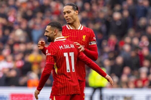 LIVERPOOL, ENGLAND - Sunday, February 16, 2025: Liverpool's Mohamed Salah celebrates with team-mate captain Virgil van Dijk (R) after scoring the second goal during the FA Premier League match between Liverpool FC and Wolverhampton Wanderers FC at Anfield. Liverpool won 2-1. (Photo by David Rawcliffe/Propaganda)