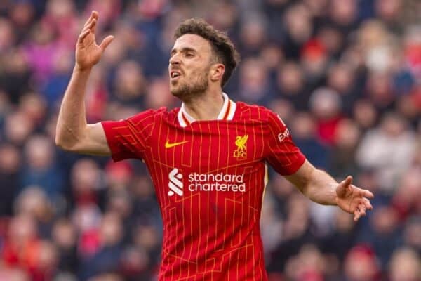 LIVERPOOL, ENGLAND - Sunday, February 16, 2025: Liverpool's Diogo Jota during the FA Premier League match between Liverpool FC and Wolverhampton Wanderers FC at Anfield. Liverpool won 2-1. (Photo by David Rawcliffe/Propaganda)