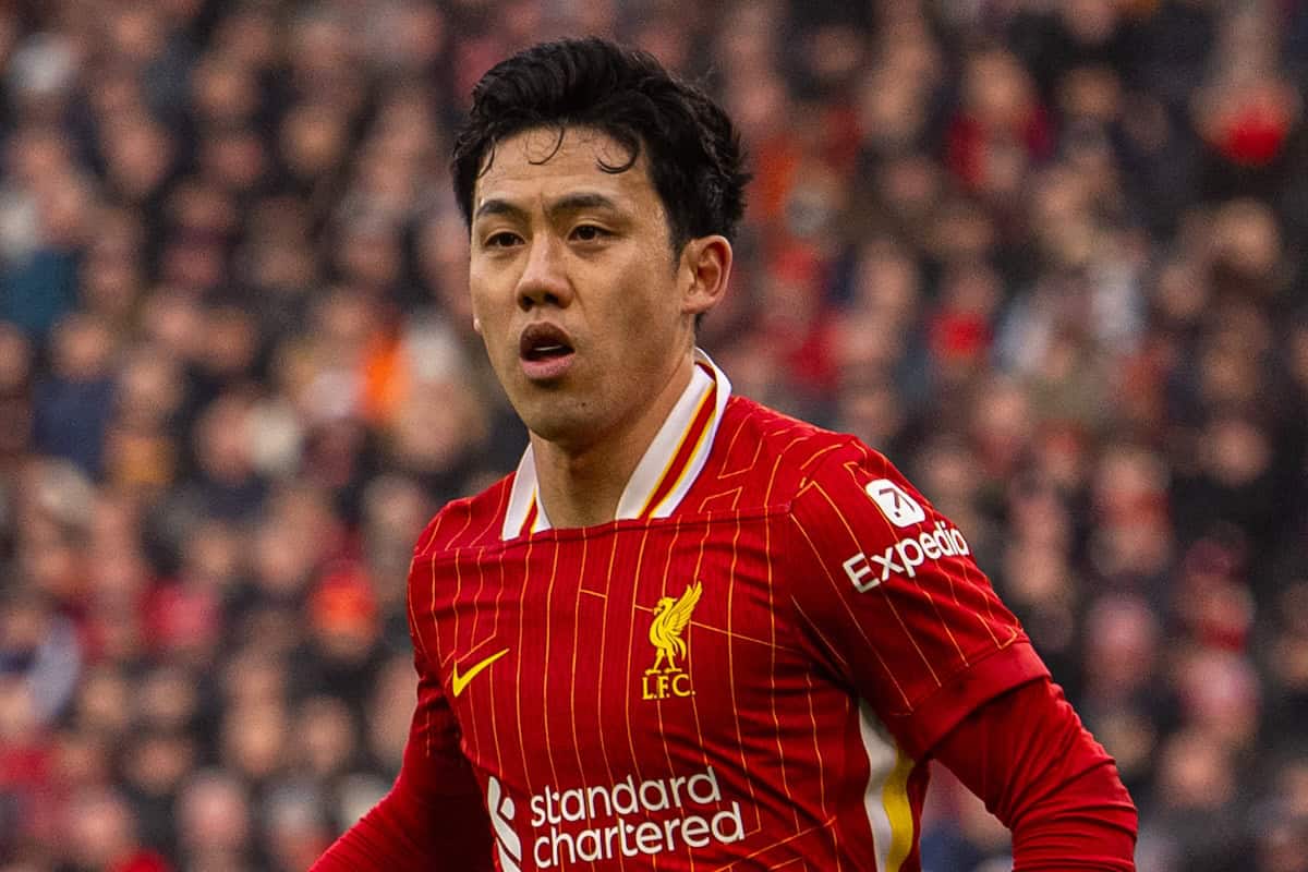 LIVERPOOL, ENGLAND - Sunday, February 16, 2025: Liverpool's Wataru End? during the FA Premier League match between Liverpool FC and Wolverhampton Wanderers FC at Anfield. Liverpool won 2-1. (Photo by David Rawcliffe/Propaganda)