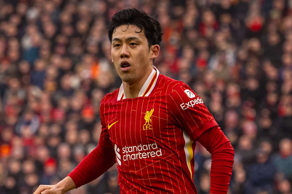 LIVERPOOL, ENGLAND - Sunday, February 16, 2025: Liverpool's Wataru End? during the FA Premier League match between Liverpool FC and Wolverhampton Wanderers FC at Anfield. Liverpool won 2-1. (Photo by David Rawcliffe/Propaganda)