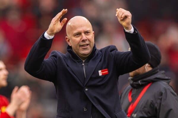 LIVERPOOL, ENGLAND - Sunday, February 16, 2025: Liverpool's head coach Arne Slot celebrates at the final whistle during the FA Premier League match between Liverpool FC and Wolverhampton Wanderers FC at Anfield. Liverpool won 2-1. (Photo by David Rawcliffe/Propaganda)