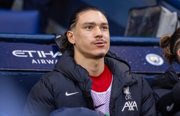 MANCHESTER, ENGLAND - Sunday, February 23, 2025: Liverpool's substitute Darwin Núñez on the bench during the FA Premier League match between Manchester City FC and Liverpool FC at the City of Manchester Stadium. Liverpool won 2-0. (Photo by David Rawcliffe/Propaganda)