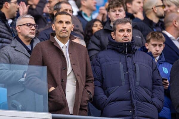 MANCHESTER, ENGLAND - Sunday, February 23, 2025: Manchester City's chairman Khaldoon Al Mubarak (L) and Chief Executive Officer Ferran Soriano during the FA Premier League match between Manchester City FC and Liverpool FC at the City of Manchester Stadium. Liverpool won 2-0. (Photo by David Rawcliffe/Propaganda)