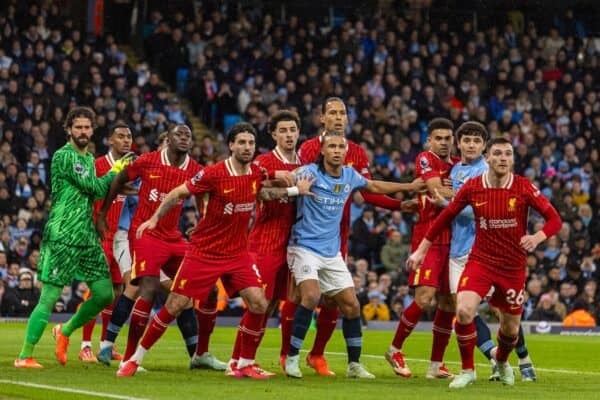 MANCHESTER, ENGLAND - Sunday, February 23, 2025: Liverpool's goalkeeper Alisson Becker, Dominik Szoboszlai, Curtis Jones, captain Virgil van Dijk and Andy Robertson with Manchester City's Nathan Aké during the FA Premier League match between Manchester City FC and Liverpool FC at the City of Manchester Stadium. Liverpool won 2-0. (Photo by David Rawcliffe/Propaganda)