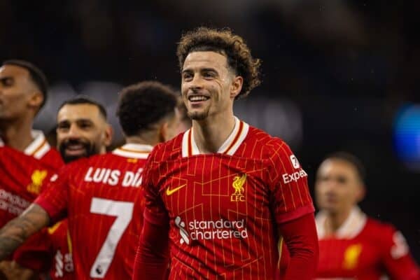 MANCHESTER, ENGLAND - Sunday, February 23, 2025: Liverpool's Curtis Jones celebrates after scoring the third goal, but it is disallowed for off-side, during the FA Premier League match between Manchester City FC and Liverpool FC at the City of Manchester Stadium. Liverpool won 2-0. (Photo by David Rawcliffe/Propaganda)