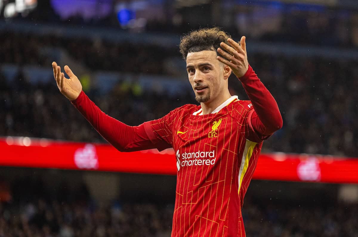 MANCHESTER, ENGLAND - Sunday, February 23, 2025: Liverpool's Curtis Jones celebrates after scoring the third goal, but it is disallowed for off-side, during the FA Premier League match between Manchester City FC and Liverpool FC at the City of Manchester Stadium. Liverpool won 2-0. (Photo by David Rawcliffe/Propaganda)