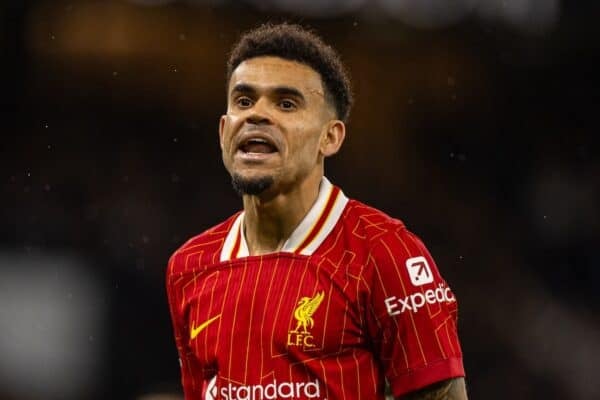 MANCHESTER, ENGLAND - Sunday, February 23, 2025: Liverpool's Luis Díaz during the FA Premier League match between Manchester City FC and Liverpool FC at the City of Manchester Stadium. Liverpool won 2-0. (Photo by David Rawcliffe/Propaganda)