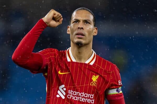 MANCHESTER, ENGLAND - Sunday, February 23, 2025: Liverpool's captain Virgil van Dijk celebrates after the FA Premier League match between Manchester City FC and Liverpool FC at the City of Manchester Stadium. Liverpool won 2-0. (Photo by David Rawcliffe/Propaganda)