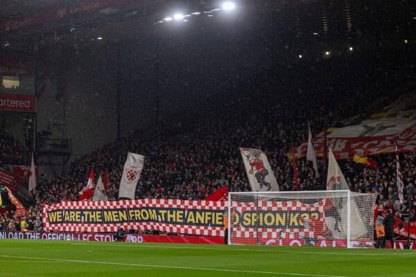  Liverpool supporters on the Spion Kop "We are the men from the Anfield Spion Kop" during the FA Premier League match between Liverpool FC and Newcastle United FC at Anfield. (Photo by David Rawcliffe/Propaganda)