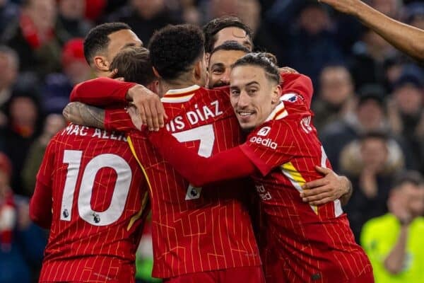 LIVERPOOL, ENGLAND - Wednesday, February 26, 2025: Liverpool's Alexis Mac Allister (L) celebrates with team-mates after scoring the second goal during the FA Premier League match between Liverpool FC and Newcastle United FC at Anfield. (Photo by David Rawcliffe/Propaganda)