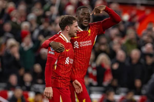 LIVERPOOL, ENGLAND - Wednesday, February 26, 2025: Liverpool's Alexis Mac Allister celebrates with team-mate Ibrahima Konaté (R) after scoring the second goal during the FA Premier League match between Liverpool FC and Newcastle United FC at Anfield. (Photo by David Rawcliffe/Propaganda)