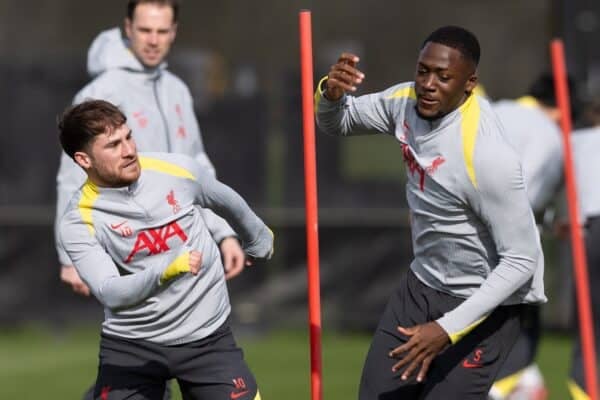 LIVERPOOL, ENGLAND - Tuesday, March 4, 2025: Liverpool's Alexis Mac Allister (L) and Ibrahima Konaté during a training session at the AXA Training Centre ahead of the UEFA Champions League match between Paris Saint-Germain and Liverpool FC. (Photo by Jessica Hornby/Propaganda)