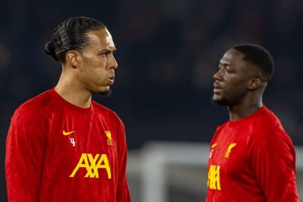 PARIS, FRANCE - Wednesday, March 5, 2025: Liverpool's captain Virgil van Dijk (L) and Ibrahima Konaté during the pre-match warm-up before the UEFA Champions League Round of 16 1st Leg game between Paris Saint-Germain and Liverpool FC at the Parc des Princes. Liverpool won 1-0. (Photo by David Rawcliffe/Propaganda)